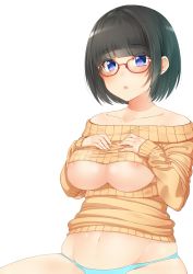 Rule 34 | 1girl, aqua panties, bad id, bad pixiv id, bare shoulders, black hair, blue eyes, blush, breast suppress, breasts, cleavage, cleavage cutout, clothing cutout, collarbone, glasses, large breasts, meme attire, navel, nezumi doshi, open-chest sweater, open mouth, original, panties, plump, red-framed eyewear, short hair, simple background, sleeves past wrists, solo, sweater, underwear, white background, you&#039;re doing it wrong