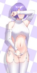 Rule 34 | 1girl, alceid, arm up, blonde hair, breasts, checkered background, colored inner hair, covering crotch, covering face, covering privates, cowboy shot, detached sleeves, garter straps, highres, hololive, hololive indonesia, large breasts, meme attire, moona hoshinova, multicolored hair, navel, pink nails, purple hair, solo, thighhighs, two-tone hair, underboob, virgin destroyer sweater, virtual youtuber