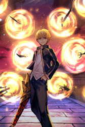 Rule 34 | 1boy, black jacket, black pants, blonde hair, ea (fate/stay night), evil smile, fate/stay night, fate (series), gate of babylon (fate), gilgamesh (fate), hand in pocket, holding, holding sword, holding weapon, hungry clicker, jacket, looking at viewer, male focus, open clothes, open jacket, pants, pocket, red eyes, shirt, short hair, smile, solo, sword, weapon, white shirt