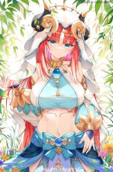 Rule 34 | 1girl, absurdres, artist name, bare shoulders, blue bow, blue eyes, bow, breasts, brooch, circlet, closed mouth, commentary request, cowboy shot, crop top, detached sleeves, fallen-leaves, genshin impact, gold trim, hand up, harem outfit, highres, horns, jewelry, large breasts, leaf, long hair, long sleeves, looking at viewer, navel, neck ring, nilou (genshin impact), outdoors, parted bangs, pelvic curtain, puffy long sleeves, puffy sleeves, red hair, shirt, skirt, smile, solo, stomach, taut clothes, taut shirt, twitter username, vambraces, veil, vision (genshin impact), white headwear