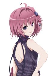 Rule 34 | 1girl, ahoge, blue eyes, braid, from behind, hair ornament, hand on own hip, highres, kurosaki mea, looking at viewer, looking back, purple hair, short hair, solo, standing, striped, to love-ru, tongue, tongue out, transparent background, upper body, vertical stripes
