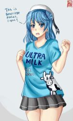 Rule 34 | 10s, 1girl, alternate costume, animal print, blue eyes, blue hair, blush, breasts, cow print, cowboy shot, dated, double bun, drie, english text, engrish text, eyebrows, grey background, hair bun, hat, kantai collection, matching hair/eyes, open mouth, pleated skirt, product placement, ranguage, sailor hat, shirt, short sleeves, signature, skirt, solo, t-shirt, urakaze (kancolle), white hat