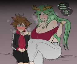 Rule 34 | 1boy, 1girl, age difference, bare shoulders, black legwear, blue eyes, blush, bra, bracelet, breasts, breath, brown hair, cleavage, curvy, english text, g-string, grabbing, grabbing another&#039;s breast, green hair, hand on another&#039;s chin, heart, heart-shaped pupils, hetero, highres, hood, hoodie, huge breasts, imminent penetration, jewelry, kid icarus, kingdom hearts, necklace, nintendo, palutena, red bra, red hoodie, saltyxodium, sitting, size difference, smile, sora (kingdom hearts), speech bubble, super smash bros., sweat, symbol-shaped pupils, tall female, thick thighs, thighs, thong, underwear, white legwear