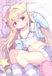 Rule 34 | 1girl, animal ear fluff, animal ears, azumi kazuki, bare shoulders, blonde hair, blue jacket, blush, breasts, camisole, collarbone, commentary request, cropped jacket, feet out of frame, frilled pillow, frills, fur-trimmed shorts, fur trim, hair ornament, hairclip, heart, heart-shaped pillow, highres, jacket, long hair, long sleeves, looking at viewer, melonbooks, midriff, navel, open mouth, original, pillow, puffy long sleeves, puffy sleeves, purple eyes, short shorts, shorts, small breasts, solo, white camisole