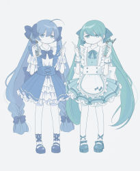 Rule 34 | 2girls, absurdres, ahoge, apron, aqua bow, aqua dress, aqua hair, blue bow, blue dress, blue hair, bow, bowtie, braid, closed mouth, cup, dot mouth, dress, drinking straw, frilled apron, frilled sleeves, frills, hair between eyes, hair bow, hair ribbon, hands up, hatsune miku, highres, holding, holding cup, layered dress, long hair, long sleeves, low-braided long hair, low-tied long hair, maid, multiple girls, muted color, otomachi una, pantyhose, parfait, ribbon, shoes, tress ribbon, very long hair, vocaloid, white legwear