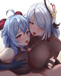 Rule 34 | 2girls, bar censor, between breasts, blue hair, bodysuit, breast hold, breast press, breasts, breasts squeezed together, censored, cooperative paizuri, covered erect nipples, dripping, drooling, elbow gloves, fellatio, futanari, ganyu (genshin impact), genshin impact, gloves, grey eyes, hair ornament, horns, large breasts, light, long hair, looking at viewer, lying, multiple girls, naughty face, nipples, on back, oral, paizuri, paizuri over clothes, penis, purple eyes, saliva, see-through, shenhe (genshin impact), spread legs, symmetrical docking, thighs, tinnies, tongue, tongue out, upper body, white hair