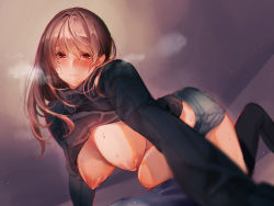 Rule 34 | 1girl, all fours, amane ruri, black legwear, blush, breasts, breasts out, brown hair, cleavage, clothes lift, denim, denim shorts, hanging breasts, large areolae, large breasts, long hair, looking at viewer, nipples, original, red eyes, shirt, shirt lift, shorts, sleeves past wrists, smile, solo, sweat, sweater