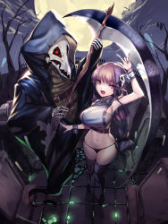 Rule 34 | 1girl, :d, arm up, bad id, bad pixiv id, black thighhighs, bow, breasts, btraphen, cloak, commentary, crop top, death (entity), from above, full moon, graveyard, grim reaper, hair bow, hand up, highres, holding, hood, hood up, large breasts, long hair, looking at viewer, mask, moon, navel, night, open mouth, original, outdoors, pointy ears, purple bow, revision, scythe, skeleton, skull, skull mask, smile, thighhighs, thighs, tombstone, tsurime, wrist cuffs