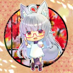 Rule 34 | 1girl, :d, ahoge, animal ear fluff, animal ears, apron, black socks, blush, bowl, brown eyes, commentary request, copyright request, fang, frilled apron, frills, full body, glasses, grey hair, holding, holding bowl, holding spoon, japanese clothes, kappougi, kimono, kneehighs, kou hiyoyo, long hair, looking at viewer, open mouth, pelvic curtain, purple kimono, red-framed eyewear, red footwear, rice bowl, semi-rimless eyewear, shamoji, shoes, short eyebrows, smile, socks, solo, spoon, standing, tail, thick eyebrows, under-rim eyewear, very long hair, white apron