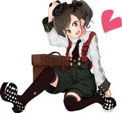 Rule 34 | 1girl, :d, arm at side, arm up, black bow, black hat, black necktie, black shorts, black thighhighs, blush, bow, briefcase, brown eyes, brown hair, buttons, checkered shoes, collared shirt, eyebrows, full body, futami mami, hair bow, hat, head tilt, heart, idolmaster, idolmaster (classic), laki, looking at viewer, necktie, no headwear, open mouth, over-kneehighs, pond, school briefcase, shirt, shoes, shorts, simple background, sitting, sleeve cuffs, smile, solo, thighhighs, top hat, white background, white shirt