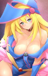 Rule 34 | 1girl, bare shoulders, blonde hair, blue eyes, blue headwear, blush, blush stickers, breasts, cleavage, dark magician girl, duel monster, highres, jampen, large breasts, long hair, looking at viewer, pentacle, solo, thighs, yu-gi-oh!, yu-gi-oh! duel monsters