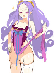 Rule 34 | 1girl, breasts, chinese clothes, cleavage, clothes lift, commentary request, dress, dress lift, fate/grand order, fate (series), forehead, garter belt, garter straps, hair ornament, hair scrunchie, highres, long hair, medium breasts, parted bangs, purple eyes, purple hair, scrunchie, small breasts, solo, thighhighs, twintails, user fkzw8222, very long hair, white background, white thighhighs, wu zetian (fate), yellow scrunchie
