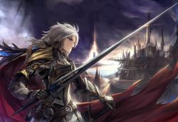Rule 34 | 1boy, armor, blue eyes, breastplate, cape, castle, eruthika, fantasy, faulds, gauntlets, grey hair, holding, holding sword, holding weapon, long hair, male focus, original, outdoors, solo, sword, weapon