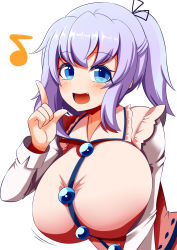 Rule 34 | 1girl, asymmetrical hair, blue eyes, breasts, buttons, gero zoukin, highres, large breasts, light purple hair, long sleeves, merlin prismriver, one eye closed, open mouth, pink shirt, shirt, side ponytail, simple background, smile, solo, touhou, white background