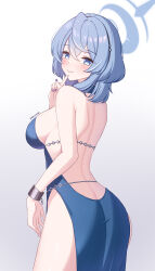 Rule 34 | 1girl, absurdres, ako (blue archive), ako (dress) (blue archive), ass, back, backless dress, backless outfit, bare shoulders, blue archive, blue dress, blue eyes, blue hair, blue halo, breasts, dress, from behind, halo, highres, index finger raised, large breasts, looking at viewer, looking back, maru.selinn, medium hair, nail polish, official alternate costume, parted lips, purple nails, revealing clothes, side slit, sideboob, sideless dress, simple background, sleeveless, sleeveless dress, smile, solo, twitter username, underbust, white background