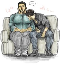 Rule 34 | 2boys, bara, beard stubble, buzz cut, colored pencil (medium), couch, couple, face to pecs, facial hair, golden kamuy, happy, highres, kasuke (li tgknk), large pectorals, legs together, loose hair strand, male focus, mature male, multiple boys, muscular, muscular male, ogata hyakunosuke, on couch, pants, pectoral press, pectorals, shirt, shoes, short hair, sitting, sketch, sneakers, stubble, t-shirt, tanigaki genjirou, thick arm hair, thick eyebrows, traditional media, translation request, very short hair, yaoi