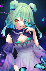 Rule 34 | 1girl, animal, animal on hand, bow, breasts, bug, butterfly, commentary request, detached sleeves, double bun, dress, green hair, hair bow, hair bun, hand up, highres, hololive, insect, juliet sleeves, long sleeves, looking at viewer, parted lips, puffy sleeves, purple bow, purple dress, purple sleeves, red eyes, rukinya (nyanko mogumogu), sleeveless, sleeveless dress, small breasts, smile, solo, uruha rushia, uruha rushia (1st costume), virtual youtuber, wide sleeves