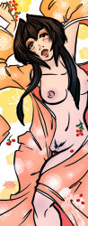 Rule 34 | 1girl, armpits, black hair, blush, breasts, female focus, female pubic hair, flower, functionally nude, japanese clothes, kimono, large breasts, long hair, looking at viewer, lying, neo-edo-exican, nipples, on back, open clothes, open mouth, pubic hair, pussy, small nipples, solo, thighs, undressing