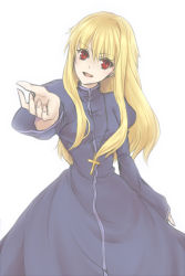 Rule 34 | 1girl, blonde hair, cassock, cross, cross necklace, dress, fate/protoreplica, fate/stay night, fate (series), gender request, genderswap, gilgamesh (fate), gilgamesh-ko, jewelry, long hair, looking at viewer, necklace, outstretched hand, pandamamire, red eyes, solo