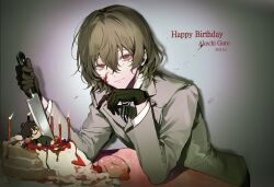 Rule 34 | 1boy, absurdres, akechi gorou, amamiya ren, arm support, birthday cake, black gloves, blood, blood on clothes, blood on face, brown hair, cake, candle, character doll, character name, closed mouth, collared shirt, commentary, dated, food, gloves, grey jacket, hair between eyes, hand on own chin, hands up, happy birthday, highres, holding, holding knife, jacket, knife, long sleeves, looking at viewer, male focus, nona1010, persona, persona 5, red eyes, shirt, short hair, smile, solo, table, upper body, white shirt