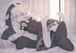 Rule 34 | 1girl, azur lane, belt, black dress, blue eyes, brown belt, dress, fat123, flower, frilled pillow, frills, full body, hair flower, hair ornament, highres, holding, holding toy, indoors, looking at viewer, looking to the side, lying, mini wings, official alternate costume, on bed, on stomach, pillow, short hair, solo, stuffed animal, stuffed shark, stuffed toy, toy, u-110 (azur lane), u-110 (a cute sharky reverie) (azur lane), white flower, white hair, white theme, wings