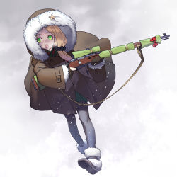 Rule 34 | 1girl, blonde hair, bolt action, boots, breath, cloak, coat, gloves, green eyes, gun, hood, hooded jacket, hoodie, jacket, long hair, milihime taisen, military, military uniform, mittens, open mouth, pantyhose, rifle, russia, sakamoto mineji, skirt, sniper rifle, solo, soviet, star (symbol), trench coat, uniform, weapon, zaytsev (milihime taisen)