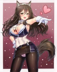 Rule 34 | 10s, 1girl, adapted costume, animal ears, armpits, artist name, ashigara (kancolle), bare arms, belt, belt buckle, between breasts, blush, border, breasts, brown eyes, brown hair, buckle, cameltoe, cleavage, collar, covered navel, doyouwantto, fang, fangs, gloves, gluteal fold, hair between eyes, hand on own hip, headband, kantai collection, large breasts, leotard, long hair, looking at viewer, open mouth, outdoors, panties, pantyhose, pink panties, pointing, remodel (kantai collection), revealing clothes, sideboob, smile, solo, standing, star (symbol), starry background, tail, turret, underwear, white border, white gloves, wolf ears, wolf tail