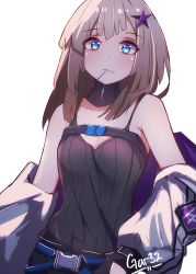 Rule 34 | 1girl, aa-12 (girls&#039; frontline), absurdres, ahoge, baggy clothes, bags under eyes, belt, blue eyes, breasts, buckle, candy, choker, food, gar32, girls&#039; frontline, gloves, hair ornament, highres, lollipop, long hair, looking at viewer, medium breasts, mouth hold, off shoulder, ribbed singlet, shorts, sidelocks, signature, silver hair, simple background, singlet, snap-fit buckle, solo, star (symbol), star hair ornament, strap, upper body, white background