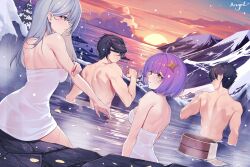 Rule 34 | 2boys, 2girls, absurdres, bathing, black hair, bob cut, breasts, bucket, final fantasy, final fantasy xiv, from behind, grey hair, highres, large breasts, lc angel, long hair, mixed-sex bathing, multiple boys, multiple girls, naked towel, onsen, outdoors, partially submerged, purple eyes, see-through, shared bathing, short hair, sunset, towel, warrior of light (ff14), water, wooden bucket