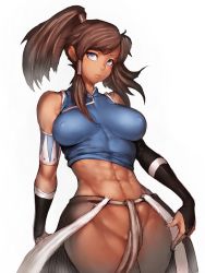 Rule 34 | 1girl, abs, avatar: the last airbender, avatar legends, bare shoulders, blue eyes, bottomless, breasts, bridal gauntlets, brown hair, cameltoe, covered erect nipples, covered navel, dark-skinned female, dark skin, female focus, fumio (rsqkr), high ponytail, korra, long hair, looking at viewer, medium breasts, midriff, muscular, navel, no bra, no panties, pout, simple background, solo, the legend of korra, thick thighs, thighs, toned, white background, wide hips