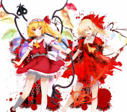 Rule 34 | 1girl, :d, alternate costume, ascot, bare arms, bare legs, barefoot, blonde hair, blood, blood splatter, bloomers, blouse, bow, chain, collage, collared dress, crazy, crazy eyes, crazy smile, crystal, dress, fangs, flandre scarlet, frilled skirt, frills, full body, hair bow, hair over one eye, hair ribbon, half-closed eye, hat, hat bow, highres, holding, holding weapon, laevatein, long hair, looking at viewer, mob cap, no headwear, no headwear, open mouth, outstretched arms, puffy short sleeves, puffy sleeves, red bow, red dress, red eyes, red skirt, red vest, ribbon, ringed eyes, shirt, short sleeves, side ponytail, simple background, skirt, skirt set, smile, smirk, smug, socks, standing, teeth, tk31, touhou, underwear, uneven eyes, upper teeth only, vest, weapon, white background, white bloomers, white legwear, white shirt, wing collar, wings, yellow ascot