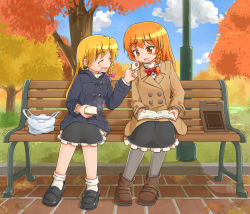 Rule 34 | 2girls, autumn leaves, azusa (cookie), bag, baozi, bench, black footwear, black jacket, black skirt, blonde hair, blue sky, blush, boots, bow, bowtie, braid, breasts, brown coat, brown footwear, buttons, closed eyes, cloud, coat, commentary request, cookie (touhou), day, feeding, food, frilled skirt, frills, full body, hat, hat bow, jacket, kirisame marisa, knb (nicoseiga53198051), loafers, long hair, long sleeves, multiple girls, open mouth, orange eyes, orange hair, outdoors, pink bow, red bow, red bowtie, rei (cookie), shoes, short hair, single braid, sitting, skirt, sky, small breasts, smile, socks, touhou, trap, tree, white bow, white socks