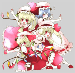 Rule 34 | 4girls, blonde hair, blue hair, blush, clone, closed eyes, embarrassed, female focus, flandre scarlet, hat, lan. (pixiv), mob cap, multiple girls, multiple persona, odd one out, outstretched arms, purple hair, red eyes, remilia scarlet, ryuuzaki (ereticent), siblings, side ponytail, sisters, spread arms, squatting, touhou, wings
