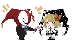 Rule 34 | 1boy, 1girl, black jacket, black pants, blonde hair, blue necktie, bow, bowtie, chibi, claws, detached sleeves, e.g.o (project moon), flower, hair bow, hairband, hat, highres, holding, holding flower, jacket, jester cap, library of ruina, long sleeves, medium hair, mu46016419, necktie, orange bow, orange hairband, oswald (project moon), pants, project moon, simple background, striped clothes, striped thighhighs, the jester of nihil, thighhighs, tiphereth a (project moon), white background, white bow, white bowtie