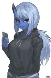 1girl, black hoodie, blue eyes, blue oni, cellphone, closed mouth, fingernails, grey hair, holding, holding phone, hood, hood down, hoodie, horns, kimiko (zakusi), looking at viewer, low ponytail, oni, oni horns, original, phone, ponytail, red eyes, signature, simple background, single horn, smartphone, smile, solo, white background, zakusi