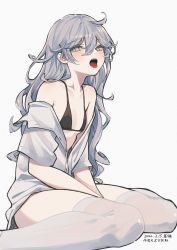 Rule 34 | 1girl, :o, ahoge, bare shoulders, between legs, bikini, bikini under clothes, black bikini, breasts, grey hair, grey shirt, highres, long hair, looking at viewer, messy hair, mimelond, no pants, off shoulder, open mouth, original, shirt, short sleeves, simple background, sitting, small breasts, solo, string bikini, swimsuit, thighhighs, thighs, tongue, tongue out, wariza, white background, white thighhighs, yellow eyes