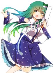 Rule 34 | 1girl, :d, blue skirt, blush, breasts, collared shirt, detached sleeves, foot out of frame, frilled skirt, frills, frog hair ornament, gohei, green eyes, green hair, hair ornament, highres, holding, holding gohei, kochiya sanae, large breasts, long hair, long skirt, long sleeves, looking to the side, nontraditional miko, open mouth, outstretched arm, shirt, simple background, single sidelock, skirt, sleeveless, sleeveless shirt, smile, snake hair ornament, solo, touhou, v-shaped eyebrows, white background, white shirt, wide sleeves, zerokosan