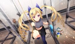 2girls black_shorts blonde_hair blue_pantyhose blurry book bow cinderella_series clenched_hands clenched_teeth depth_of_field drill_hair dutch_angle elbow_pads emphasis_lines exercising from_above game_cg grey_hoodie grey_tank_top grin hachigatsu_no_cinderella_nine hair_bow hair_ornament hairclip highres hood hood_down hoodie indoors kousaka_tsubaki lens_flare long_hair looking_at_viewer mori_veronica_naoko motion_blur multiple_girls non-web_source official_art pantyhose pantyhose_under_shorts red_eyes shorts sitting smile solo_focus speed_lines sweat tank_top teeth towel twin_drills v-shaped_eyebrows white_hair