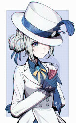 Rule 34 | 1girl, absurdres, arm behind back, blue eyes, blue feathers, blue gloves, blue ribbon, blue shirt, border, closed mouth, collared shirt, cup, dress shirt, feathers, frown, gloves, grey gemstone, grey hair, hair ribbon, hat, hat feather, hat over one eye, highres, holding, holding cup, jacket, lingerain, long sleeves, neck ribbon, reverse:1999, ribbon, shirt, sketch, solo, upper body, vertin (reverse:1999), white border, white hat, white jacket, wing collar, yellow ribbon