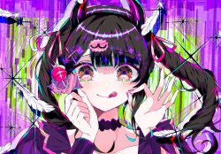 Rule 34 | 1girl, black hair, black hairband, blunt bangs, blush, brown eyes, candy, choker, closed mouth, commentary request, demon horns, denonbu, dress, fake horns, food, hair ribbon, hairband, hands up, highres, holding, holding candy, holding food, holding lollipop, horns, lollipop, long hair, looking at viewer, nail polish, official art, ok sign, pink nails, pink ribbon, puffy sleeves, purple choker, purple dress, reml, ribbon, smile, solo, sparkle, straight-on, tongue, tongue out, twintails, upper body, wrist cuffs, zarame yuki