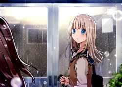 Rule 34 | 2girls, bag, blonde hair, blue eyes, blush, brown hair, bubble, clarinet (natsumi3230), commentary request, door, from side, holding, holding umbrella, kurata rine, long hair, looking at another, multiple girls, original, outdoors, parted lips, school bag, school uniform, serafuku, shoulder bag, solo focus, sweater vest, umbrella, upper body