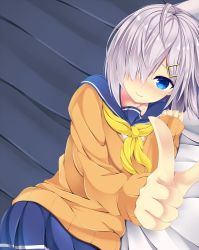 Rule 34 | 10s, 1girl, blue eyes, blue skirt, cardigan, hair ornament, hair over one eye, hairclip, hamakaze (kancolle), kantai collection, long sleeves, looking at viewer, lying, on side, one eye covered, pleated skirt, pointing, pointing at viewer, rotated, short hair, silver hair, skirt, sleeves past wrists, smile, solo, yahiro (anhnw)