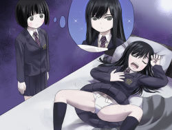 Rule 34 | 2girls, bed, black eyes, black hair, blush, bob cut, clothes lift, commentary, drooling, expressionless, female focus, hosoinogarou, imagining, koguma (super cub), long hair, looking at another, multiple girls, necktie, on bed, open mouth, panties, pillow, purple background, reiko (super cub), school uniform, short hair, simple background, skirt, skirt lift, sleeping, snoring, sparkle, spread legs, super cub, sweat, teeth, thought bubble, underwear, upper teeth only, white panties, yuri