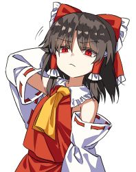 Rule 34 | 1girl, :&lt;, annoyed, arm at side, arm behind head, arm up, armpit peek, ascot, bags under eyes, bare shoulders, bow, brown hair, closed mouth, detached sleeves, empty eyes, frilled bow, frills, hair bow, hair ornament, hair tubes, hakurei reimu, highres, long sleeves, looking at viewer, manarou, medium hair, motion lines, red eyes, red skirt, red vest, ribbon-trimmed sleeves, ribbon trim, scratching, simple background, skirt, skirt set, solo, touhou, upper body, v-shaped eyebrows, vest, white background, wide sleeves, yellow ascot