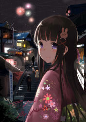 Rule 34 | 1girl, absurdres, architecture, artist name, blunt bangs, blush, brown hair, closed mouth, crying, east asian architecture, fireworks, floral print, hair ornament, hairclip, happy, highres, hime cut, house, japanese clothes, kimono, long hair, looking at viewer, looking back, night, night sky, obi, original, outdoors, pink kimono, purple eyes, rabbit hair ornament, sash, shingetsu mk, signature, sky, smile, snow, solo focus, stairs, star (sky), starry sky, tearing up, tears, upper body, x hair ornament, yukata