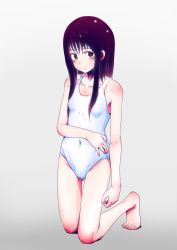 Rule 34 | 1girl, arm at side, barefoot, black hair, blush, breasts, covered navel, embarrassed, feet, full body, gradient background, green eyes, grey background, hair over breasts, highres, kneeling, long hair, looking away, one-piece swimsuit, original, school swimsuit, shokubai phantom girl, small breasts, solo, swimsuit, white one-piece swimsuit