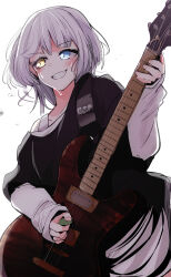 Rule 34 | 1girl, absurdres, bang dream!, bang dream! it&#039;s mygo!!!!!, black shirt, blue eyes, commentary request, electric guitar, grin, guitar, heterochromia, highres, holding, holding plectrum, instrument, kaname raana, layered sleeves, long sleeves, medium hair, pachio (patioglass), playing guitar, plectrum, shirt, short over long sleeves, short sleeves, simple background, smile, solo, sweat, upper body, white background, white hair, white shirt, yellow eyes