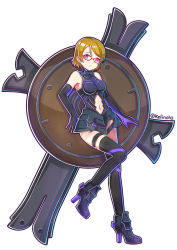 Rule 34 | 1girl, armor, armored dress, bare shoulders, brown hair, clothing cutout, cosplay, dress, elbow gloves, fate/grand order, fate (series), full body, glasses, gloves, high heels, kelinch1, koizumi hanayo, leotard, looking at viewer, love live!, love live! school idol project, mash kyrielight, navel, navel cutout, parted lips, purple eyes, red-framed eyewear, shielder (fate/grand order) (cosplay), short dress, short hair, solo, standing, standing on one leg, thighhighs, twitter username