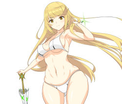 Rule 34 | 1girl, bad id, bad pixiv id, bare shoulders, bikini, blonde hair, blush, breasts, cleavage, cowboy shot, dolling60883582, dollinger, earrings, highres, hip focus, holding, holding umbrella, jewelry, large breasts, long hair, looking at viewer, mythra (xenoblade), navel, nintendo, race queen, simple background, skindentation, smile, solo, sparkle, stomach, swept bangs, swimsuit, sword, umbrella, underboob, very long hair, weapon, white background, white bikini, wide hips, xenoblade chronicles (series), xenoblade chronicles 2, yellow eyes