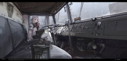 Rule 34 | 1girl, battery, blonde hair, chinese commentary, coat, commentary, dog tags, english text, forest, grey jacket, grey pants, grey sky, haguruma c, highres, jacket, knit hat, letterboxed, long hair, maz-537, military, military vehicle, nature, original, pants, red sweater, side-view mirror, sitting, sky, steering wheel, sweater, vehicle interior, viveka (haguruma c), windshield, winter clothes, winter coat